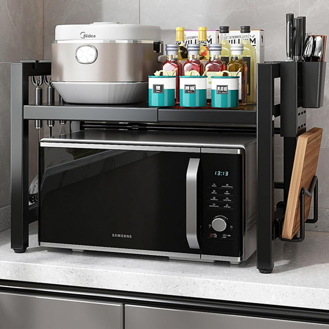 Raft Elindor® din Otel Carbon, Extensibil pentru Bucatarie, Organizator Metalic Reglabil, Ideal ca Etajera Depozitare Deasupra Cuptorului cu Microunde in Camara sau Birou, Perfect pentru Condimente, Vesela, Farfurii, Stabil si Compact, Polita pentru Obiec