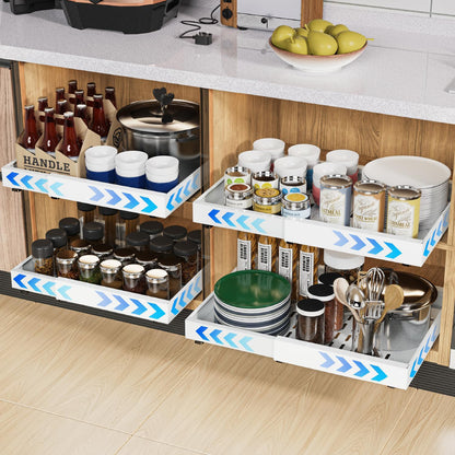 Organizator Multifunctional Elindor® Tip Sertar, cu Adeziv, Suport Metalic Dulap sub Blat Chiuveta, Inaltime Reglabila, 2x Sertar Glisant Organizare pentru Bucatarie, Baie, Camara, Bar, Raft cu Sertare Depozitare Detergenti, Parfumuri, 32-53x42x8 cm, Alb