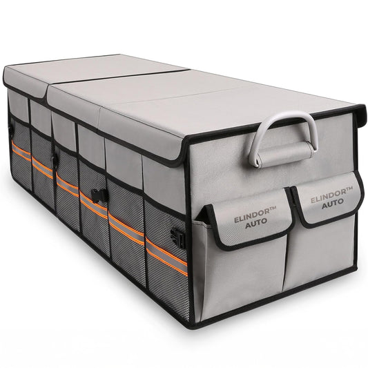 Organizator Auto Portbagaj Elindor®, Antiderapant, Impermeabil, Pliabil, Compartimente Multiple, Organizator Cargo pentru SUV, Depozitare Portbagaj, Dimensiuni 89 x 35 x 30 cm, Manere Aluminiu, Banda Reflectorizanta, Accesorii Auto, Gri
