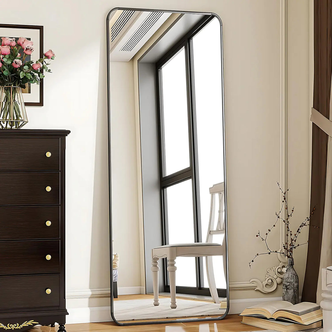 Oglinda Neagra Dreptunghiulara Decorativa Elindor® cu Rama din Aluminiu, 165x60 cm, cu Suport de Podea sau Sistem Prindere pe Perete, Ideala pentru Dormitor, Living sau Hol