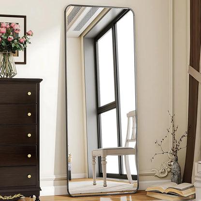 Oglinda Neagra Dreptunghiulara Decorativa Elindor® cu Rama din Aluminiu, 165x60 cm, cu Suport de Podea sau Sistem Prindere pe Perete, Ideala pentru Dormitor, Living sau Hol