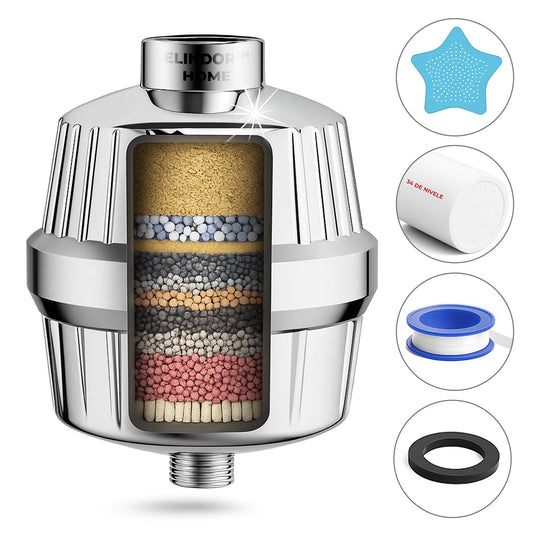Filtru de Purificare Apa Argintiu Elindor® pentru Para de Dus Aparat de Filtrat cu 34 Stagii de Filtrare, Infuzie de Minerale si Vitamina C, Elimina Clorul, Metalele Grele, Impuritatile si Mirosurile Neplacute, Anticalcar, Purificator Apa de Baie