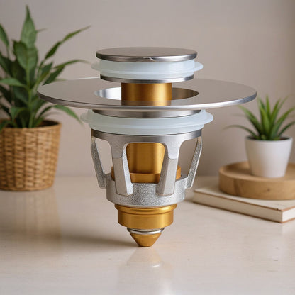 Dop Universal pentru Chiuveta Elindor, Dop de Scurgere Tip Pop-Up pentru Guri de Scurgere, Universal, cu Filtru pentru Par Anti-Infundare, Sita de Scurgere pentru Chiuveta de Baie sau Bucatarie, Argintiu