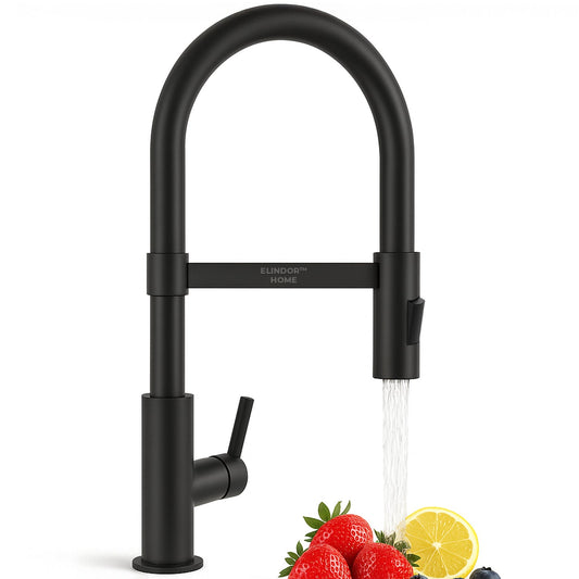 Baterie Chiuveta Bucatarie Neagra Elindor®, Robinet de Apa, Modern cu Pipa Inalta, Cap Dus Extensibil si Magnetic, cu Doua Functii, Jet Reglabil, Monocomanda, Rotativ 360°, Incastrata, Alama, Finisaj Mat