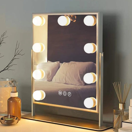 Oglinda Machiaj Elindor® cu 9 Lumini LED, Culori Reglabile, Touch Control,  Baza Solida, Rotatie 360° , pentru Dormitor sau Salon, Alb