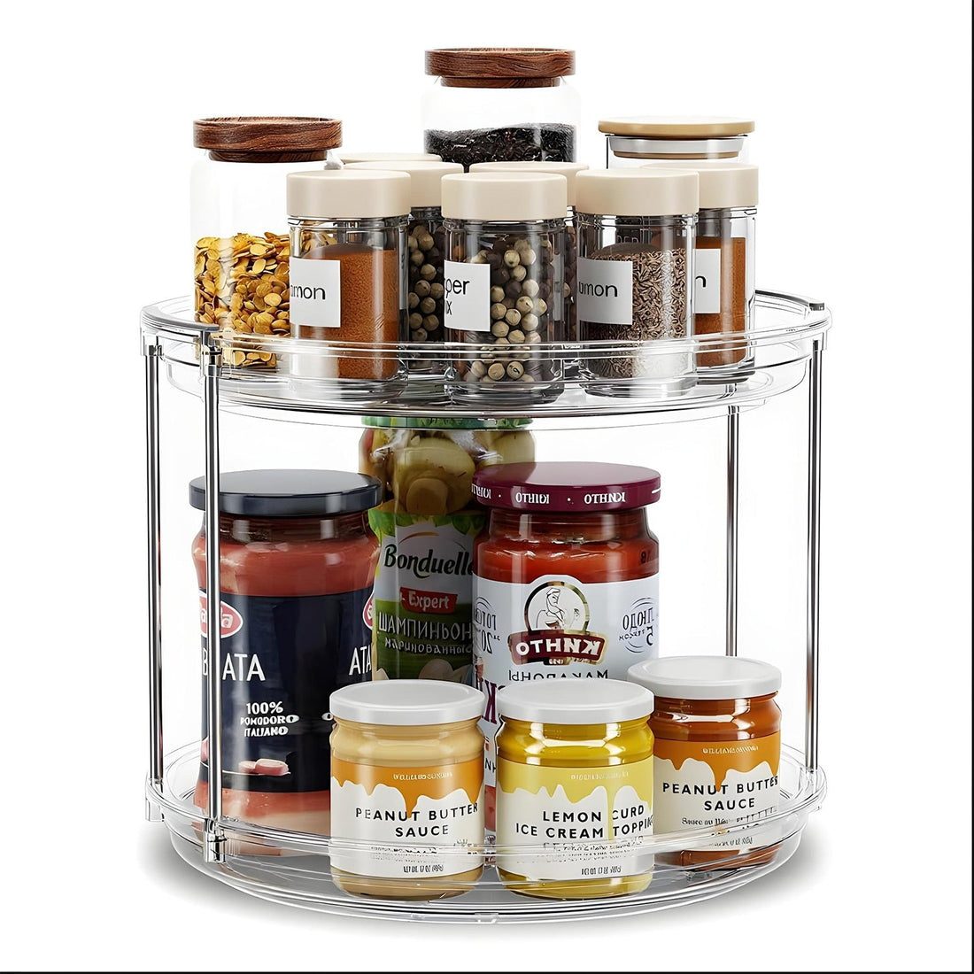 Raft Organizator Rotativ 360° Elindor® Depozitare si Organizare pentru  Bucatarie, Baie, Camara, Birou si Dulap Sub Chiuveta Multifunctional, Organizatoare pentru, Produse Cosmetice, Creme, Condimente, Parfumuri, 20x23.5 cm, Plastic Acrilic Transparent