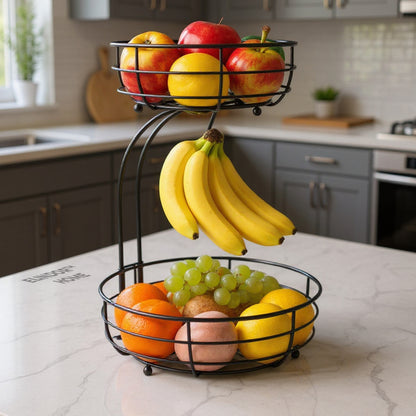 Cos de Fructe si Legume Elindor® Metalic, pe 2 Nivele, cu Carlig pentru Banane, Potrivit pentru Blat sau Masa Bucatarie, Living, Organizator cu Suport Detasabil, Depozitare Universala, 38 x 28 x 22 cm, Negru