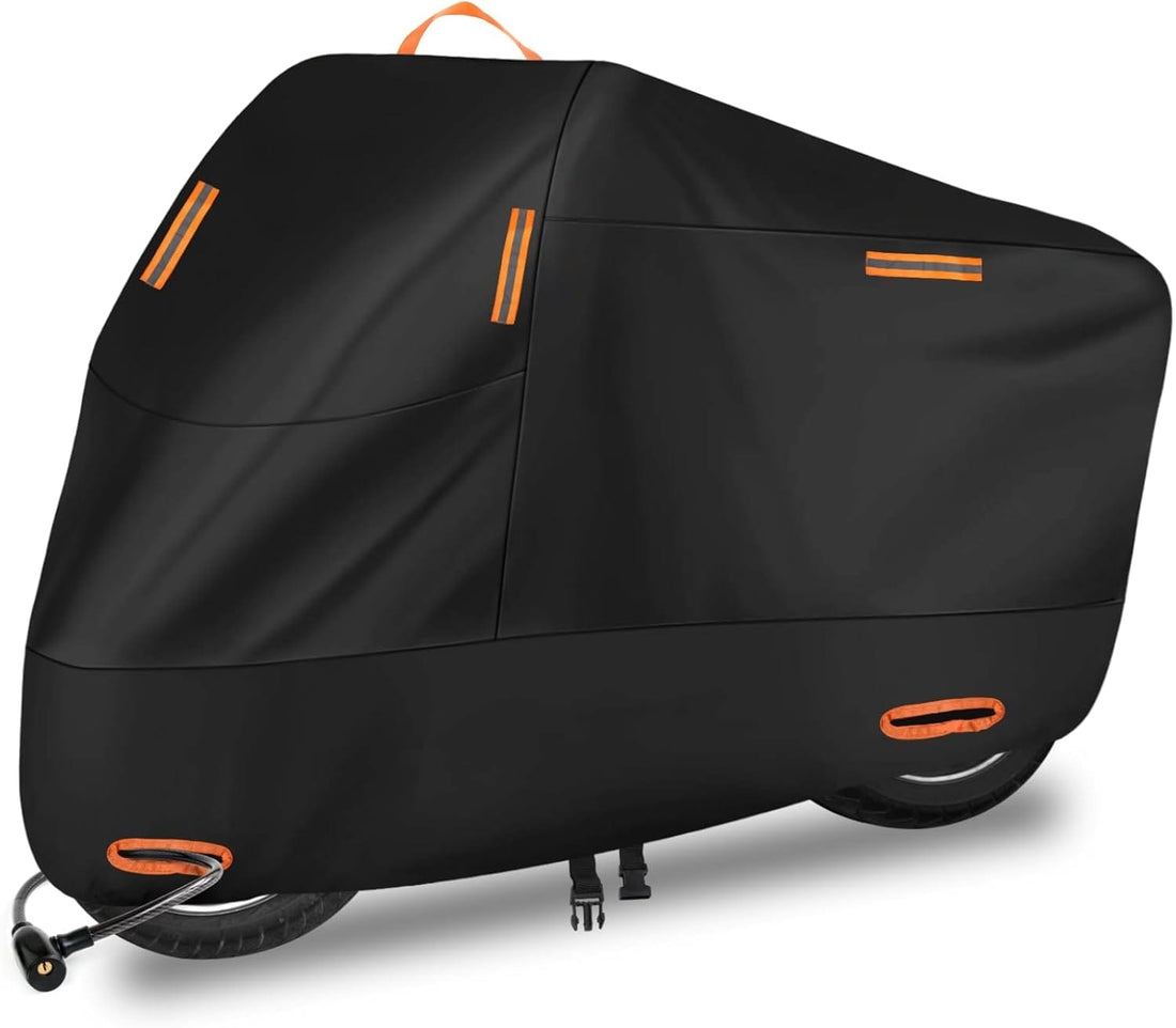 Husa De Motocicleta Impermeabila Elindor®, Rezistenta Pentru Toate Sezoanele, Cu Elemente Reflectorizante Nocturne, Gauri Pentru Lacat, Curele Anti-Vant, Protectie UV, Negru