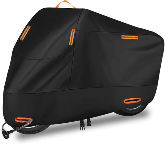 Husa De Motocicleta Impermeabila Elindor®, Rezistenta Pentru Toate Sezoanele, Cu Elemente Reflectorizante Nocturne, Gauri Pentru Lacat, Curele Anti-Vant, Protectie UV, Negru