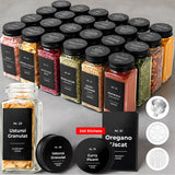 Set 24 Recipiente Condimente Elindor® din Sticla cu Capac Metalic Negru, cu Sita, Organizator Bucatarie, Organizatoare Sertar, Borcane 120 ml, 2 Tipuri de Etichete, Palnie Metalica, Transparent