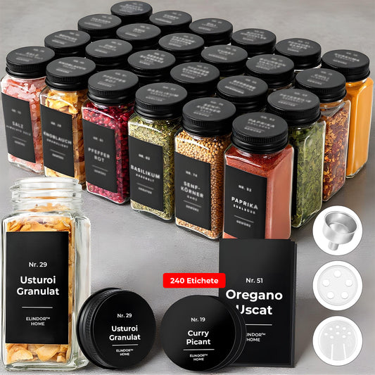 Set 24 Recipiente Condimente Elindor® din Sticla cu Capac Metalic Negru, cu Sita, Organizator Bucatarie, Organizatoare Sertar, Borcane 120 ml, 2 Tipuri de Etichete, Palnie Metalica, Transparent