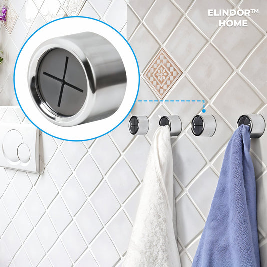 Set 4 Agatatoare Adezive Elindor® din ABS, Suport de Prosoape Autoadeziv, Fara Gaurire,  Usor de Instalat si de Curatat, Design Ergonomic, pentru Baie, Dormitor, Bucatarie si Usa, Argintiu
