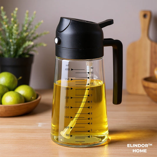 Pulverizator Ulei 2 în 1 Elindor®, Oliviera 470ml, Sticla Dozatoare Multifunctionala, Control Precis, pentru Gatit, Friteuza cu Aer, Salate  Material Sticla si PVC, Design Dual, Negru