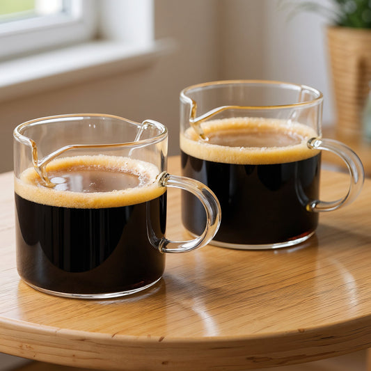 Set 2 Cesti Espresso Elindor® 120 ml, Sticla Borosilicata Termorezistenta, Pereti Dubli, Duze Duble pentru Turnare, Rezistente la Congelator, Masina de Spalat si Cuptorul cu Microunde, Transparent