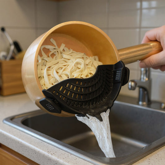 Strecuratoare Clip-On Elindor®, Silicon Termorezistent, Prindere Universala pe Oale si Tigai, Compacta, Usor de Curatat, Ideala pentru Paste, Legume si Fructe, 22,5x9 cm, Negru