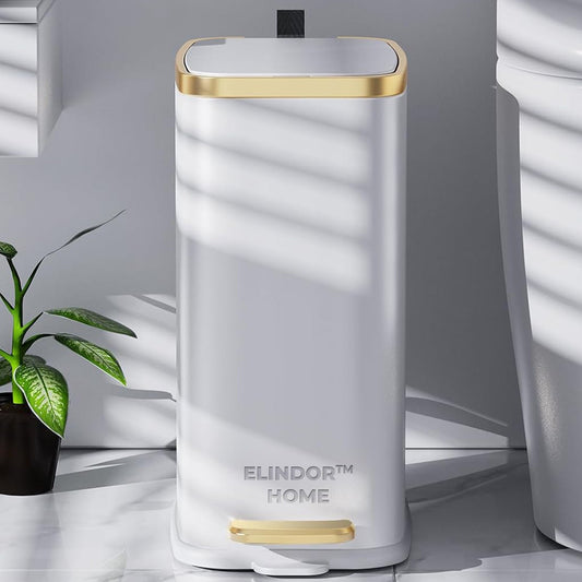 Cos de Gunoi pentru Baie cu Pedala Elindor® Metalic 12 L, Incorporabil, Functie Soft-Close, Capac Anti-Miros, Interior din Plastic, Pubela Slim pentru Bucatarie, Birou, Camera, Colectare Hartie Igienica si Deseuri, Design Compact si Modern, Alb cu Auriu