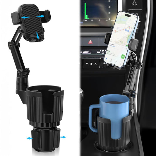 Suport Auto Elindor® 2 in 1pentru Telefon si Pahar, Baza Reglabila si Brat 360°, Prindere in Cupholder, Accesorii Masina, Negru