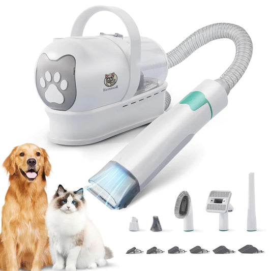 Kit Gri Profesional de Toaletare Elindor® pentru Animale de Companie, Caini si Pisici, Aspirator 4-in1, 6 Accesorii Incluse, Perie Trimmer Anti Naparlire, Cleste/Unghiera Gheare, Aparat de Tuns, Aspirator Integrat