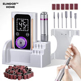 Freza Portabila Unghii Elindor® 45000 RPM, Pila Electrica Profesionala, Manichiura si Pedichiura, Cu Fir, Lampa LED, Ecran LCD, Accesorii Incluse, Capete Diverse, Slefuire Cuticule, Alb
