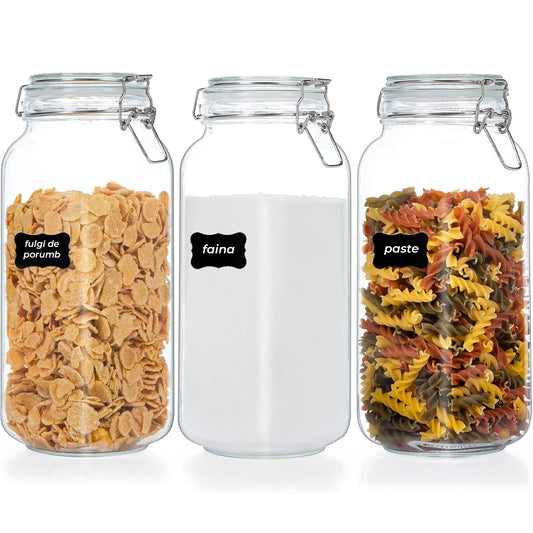 Set 3 Borcane Sticla 2.3L Elindor®, Capace Groase , Depozitare Etansa pentru Alimente, Transparent