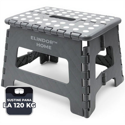 Scaun Pliabil Elindor® Ideal pentru Bucatarie, Baie, Birou, Living, Terasa, Uz Interior si Exterior, Taburet din ABS, Greutate Maxima Suportata 120 kg, Suprafata Antialunecare, 29 x 22 x 22 cm, Gri