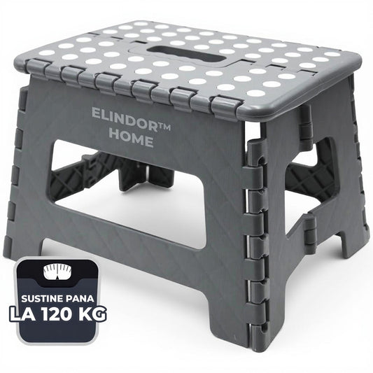 Scaun Pliabil Elindor® Ideal pentru Bucatarie, Baie, Birou, Living, Terasa, Uz Interior si Exterior, Taburet din ABS, Greutate Maxima Suportata 120 kg, Suprafata Antialunecare, 29 x 22 x 22 cm, Gri