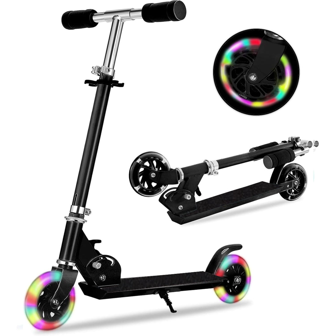 Trotinetă Elindor® Pliabilă cu Ghidon Ajustabil, Roți LED, Negru