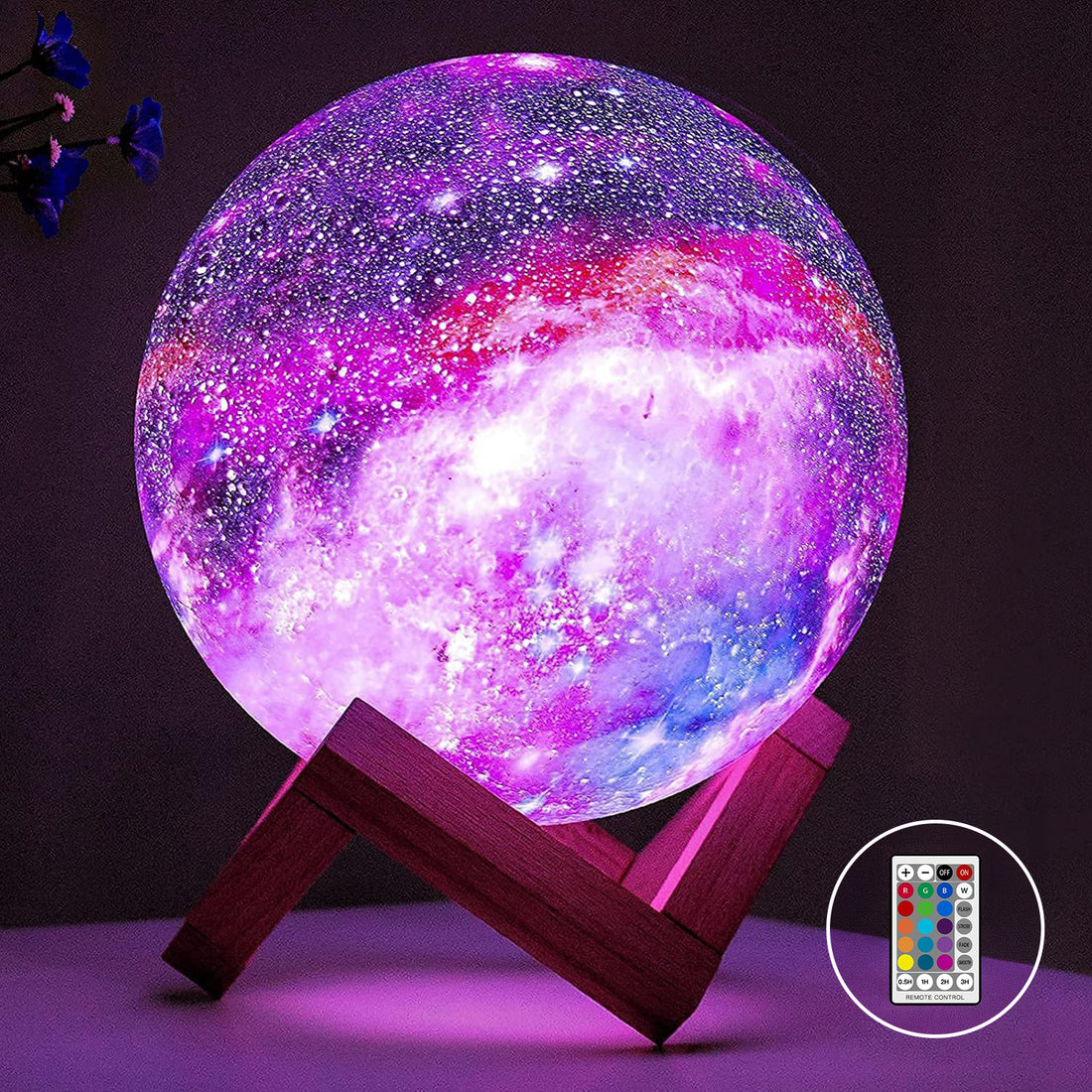 Lampa de Veghe Elindor® cu LED, Model Luna si Galaxie, Incarcare USB, 16 Culori pentru Camera cu Efect 3D, Veioza Control prin Atingere si cu Telecomanda, Potrivita si pentru Noptiera in Dormitor,  Atractiva pentru Camera Copilului, Baza din Lemn