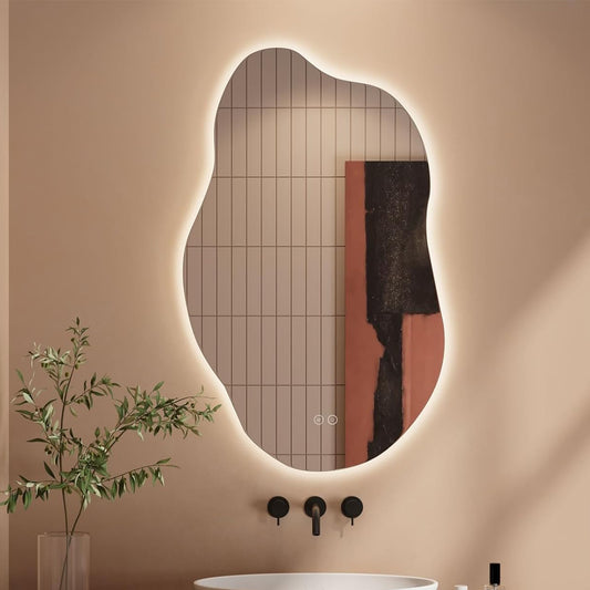 Oglinda de Perete Elindor® Asimetrica, fara Rama, Decorativa, Verticala / Orizontala, Eleganta, Ideala pentru Baie, Birou, Hol, Living, Dressing, Iluminare Led, Intensitate Ajustabila, Antiaburire, 3 Temperaturi de Culoare, 85 x 52 cm