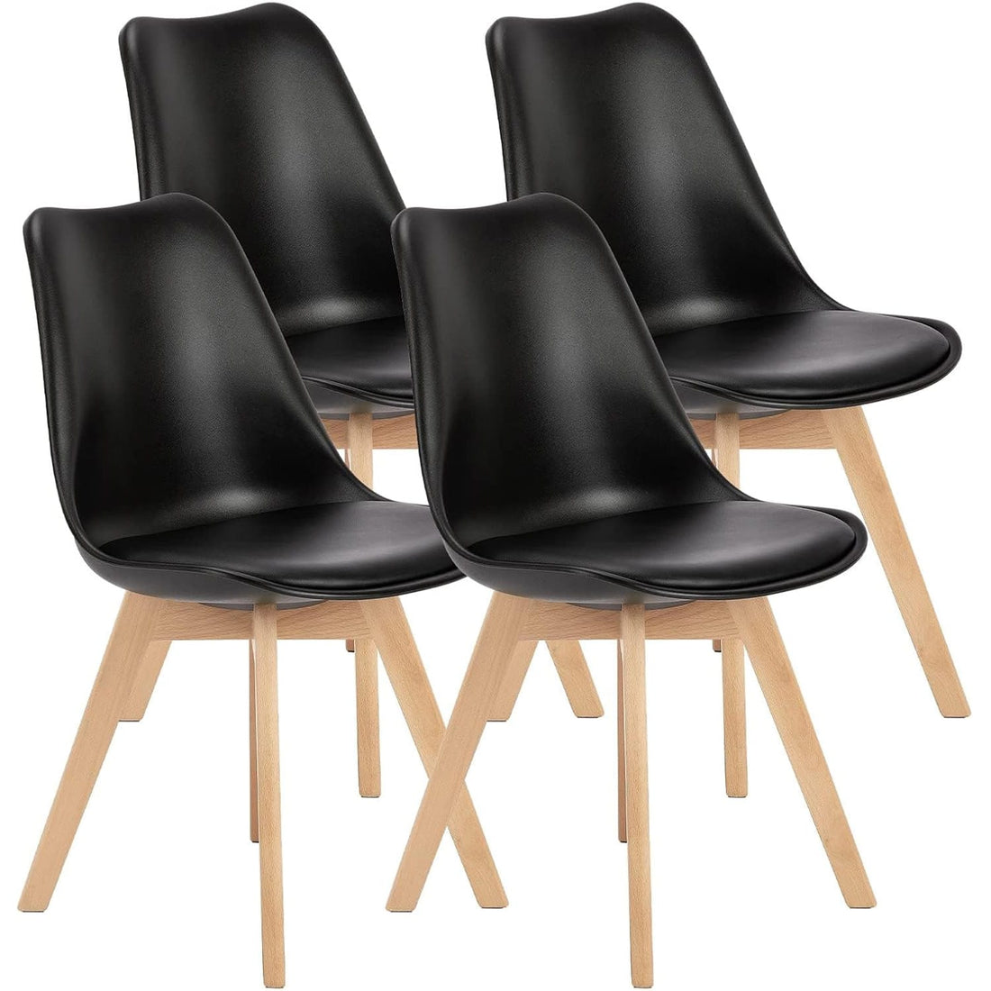Set 4 Scaune Elindor® Stil Retro, Piele Ecologică și Picioare din Lemn, Negre