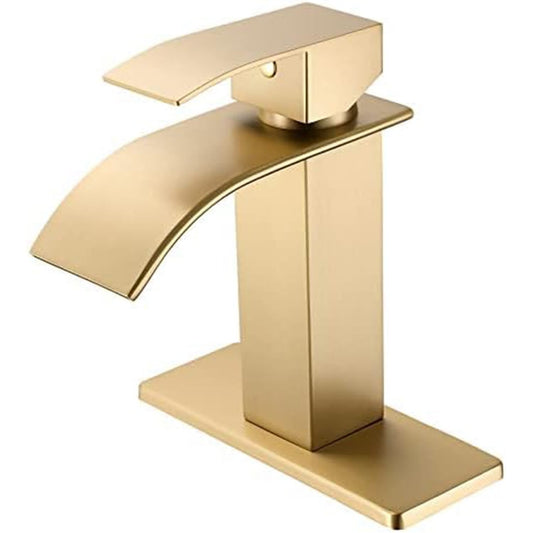 Baterie de baie Elindor finisaj auriu periat, moderna, tip cascada, un maner, pentru chiuvete cu 1 sau 3 orificii, inclus placa de baza si furtun