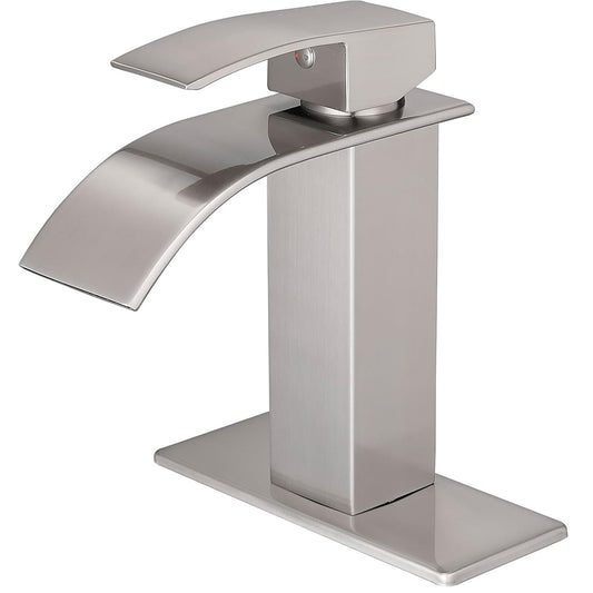 Baterie Cascadă Elindor® pentru Chiuveta Baie, Finisaj Nichel Satinat, Mâner Unic, Placă pentru 1 sau 3 Găuri