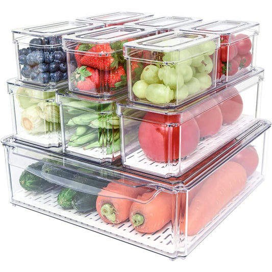 Set 10 Organizatoare Elindor® pentru Frigider cu Capace, Suprapozabile, Cutii Organizare, BPA-Free, pentru Fructe si Legume