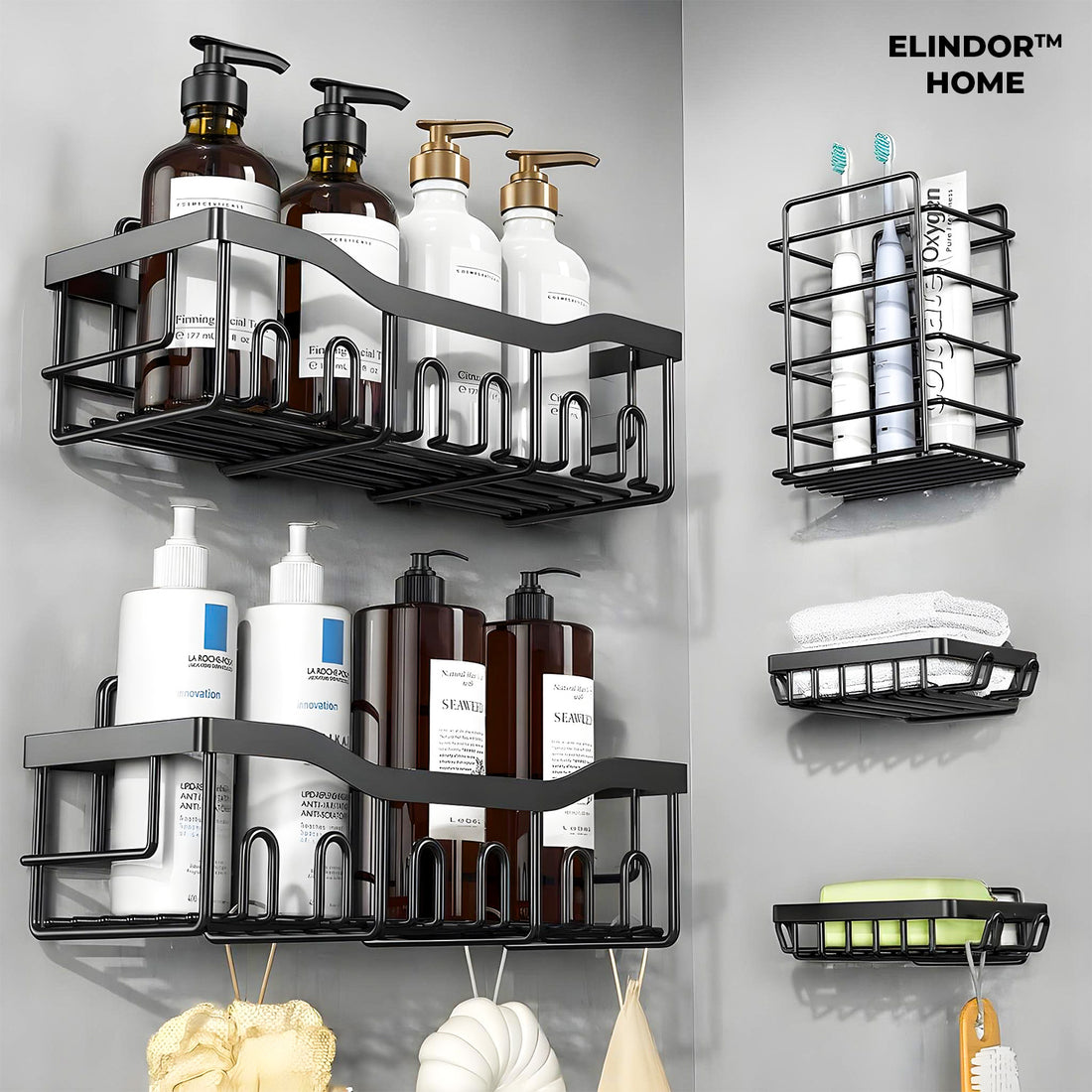 Set 5 Rafturi de Dus Elindor® Polita cu Adeziv, Etajera de Baie pentru Colt, Raft cu Carlige, din Otel Carbon, Suport Prosop si Sapun, Organizator Baie sau Etajere Depozitare in Bucatarie, Accesorii, 14 × 32.3 × 10.5 cm, Negru