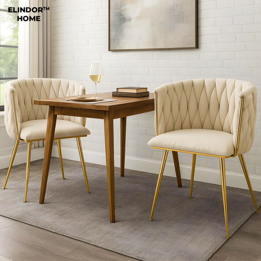 Set 2 Scaune Elindor® Ergonomice, Tip Scoica, Design Contemporan, Scaun cu Spatar si cu Manere, din Catifea cu Picioare Metalice Aurii, Potrivite pentru Living, Bucatarie, Birou, Dormitor, Bej