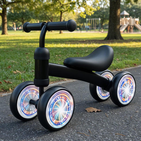 Bicicleta fara Pedale Elindor® pentru Copii, cu 4 Roti cu LED, Usoara, Silentioasa, Robusta, Sa Ergonomica, Dezvolta Echilibrul si Coordonarea, pentru Copii de 10-36 Luni, 55 x 19 x 24.5 cm, Negru