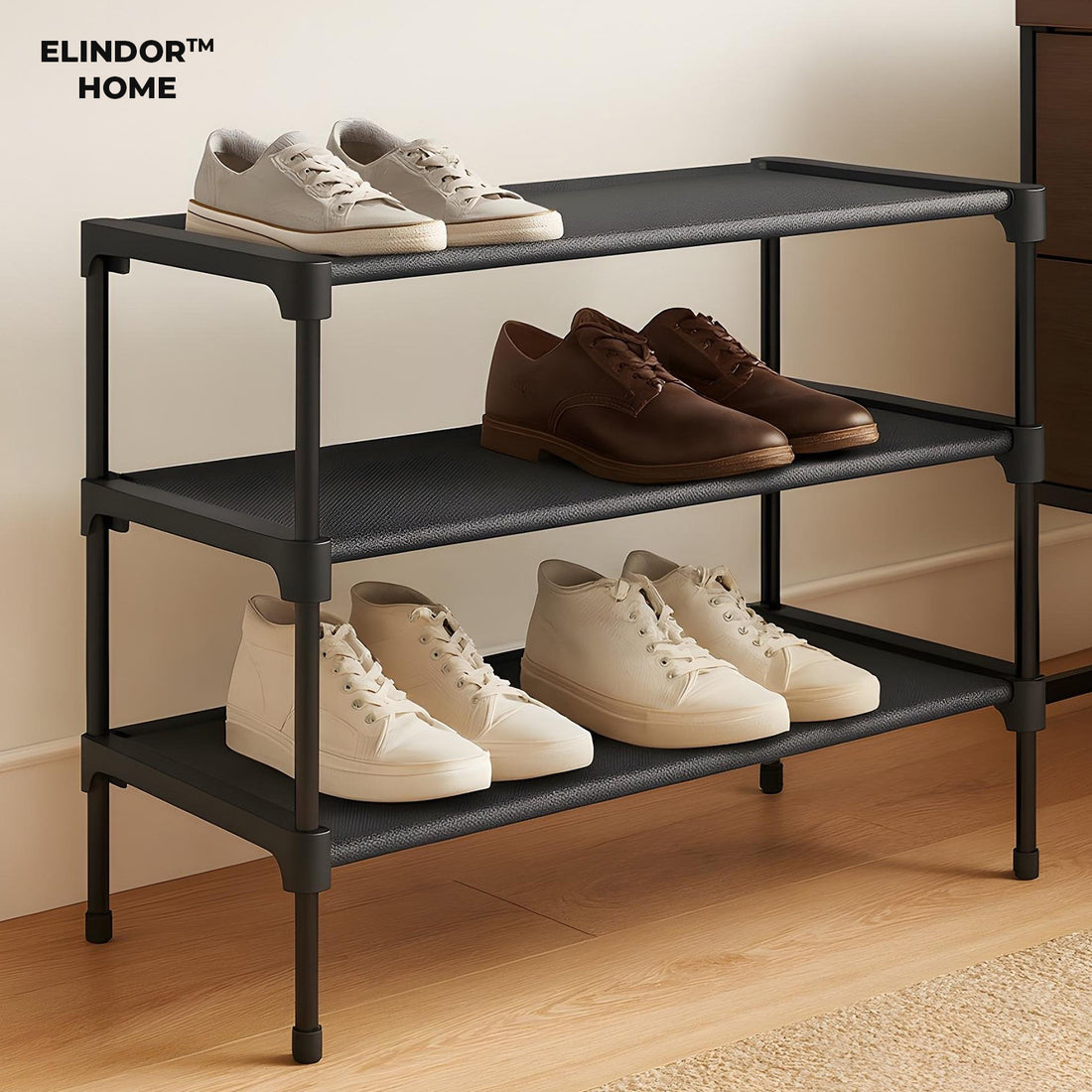 Organizator pentru Pantofi Elindor® Pantofar cu 3 Nivele Mari, Fara Gauri, Suport Metalic pentru Papuci, Dulap Hol, Dormitor, Economisire Spatiu, Depozitare Incaltaminte, 30 × 70 × 47 cm, Negru
