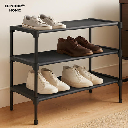 Organizator pentru Pantofi Elindor® Pantofar cu 3 Nivele Mari, Fara Gauri, Suport Metalic pentru Papuci, Dulap Hol, Dormitor, Economisire Spatiu, Depozitare Incaltaminte, 30 × 70 × 47 cm, Negru