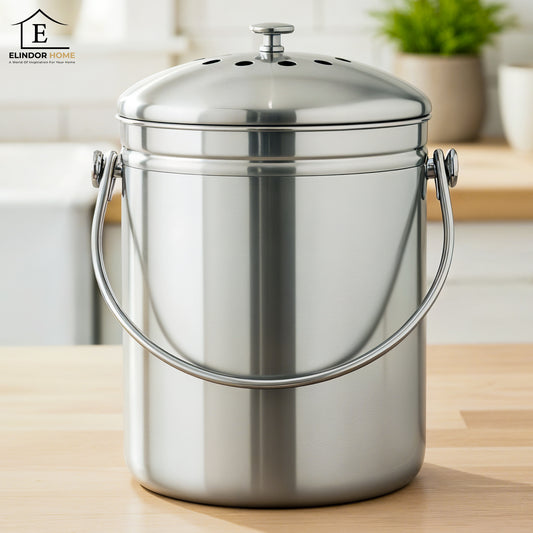 Cos pentru Compostarea Resturilor Organice Elindor® pentru Bucatarie si Gradina, Recipient Compost cu Capac cu Filtru Carbon Inclus, Capacitate 4.9 L, 18 × 18 × 28 cm, Otel Inoxidabil, Argintiu