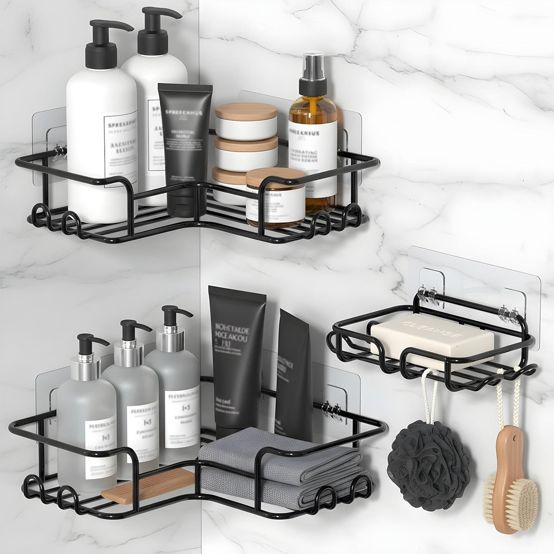 Set 3 Rafturi de Dus Elindor® Polita cu Adeziv, Etajera de Baie pentru Colt, Raft cu Carlige, Suport Prosop si Sapun, din Inox, Organizator Baie sau Etajere Depozitare in Bucatarie, Accesorii, 23 x 8.3 x 23 cm, Negru