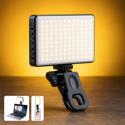 Lampa LED Portabila Elindor® pentru Telefon, Tableta, Laptop, Camera, Lumina Profesionala Compacta pentru Selfie si Machiaj, cu Clip Reglabil si Suport Trepied, 3 Moduri Culoare Alb, Cald, Natural, 10 Trepte Intensitate, Baterie Reincarcabila, Negru
