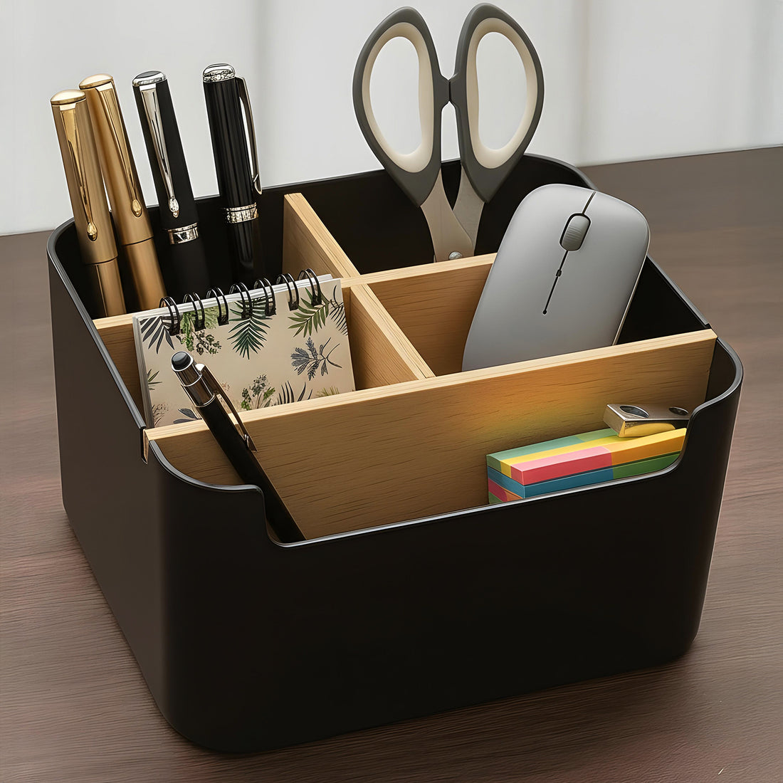 Cutie de Depozitare Elindor® din Bambus, cu 5 Compartimente Detasabile, Organizator de Birou, Potrivit si pentru Baie, Living, Bucatarie, pentru Creioane, Hartii, Rechizite, Pixuri, Suport Multufunctional, 18 x 14.8 x 10 cm, Negru