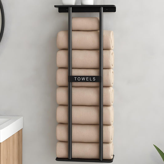 Suport Prosop Elindor® Polita cu Adeziv, Etajera Prosoape Dus, Organizare Perete, Organizator Baie, Accesorii din Inox, 32 × 14 × 76 cm, Negru