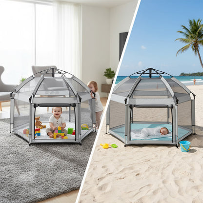 Tarc de Joaca pentru Bebelusi si Copii Elindor® Tip Cort, Spatiul Sigur de Joaca, Plasa de Protectie UV, Include Usa cu Fermoar, Materiale Eco-Friendly și Non-Toxice, Varsta 1-5 ani, 150 x 150 x 122 cm, Gri