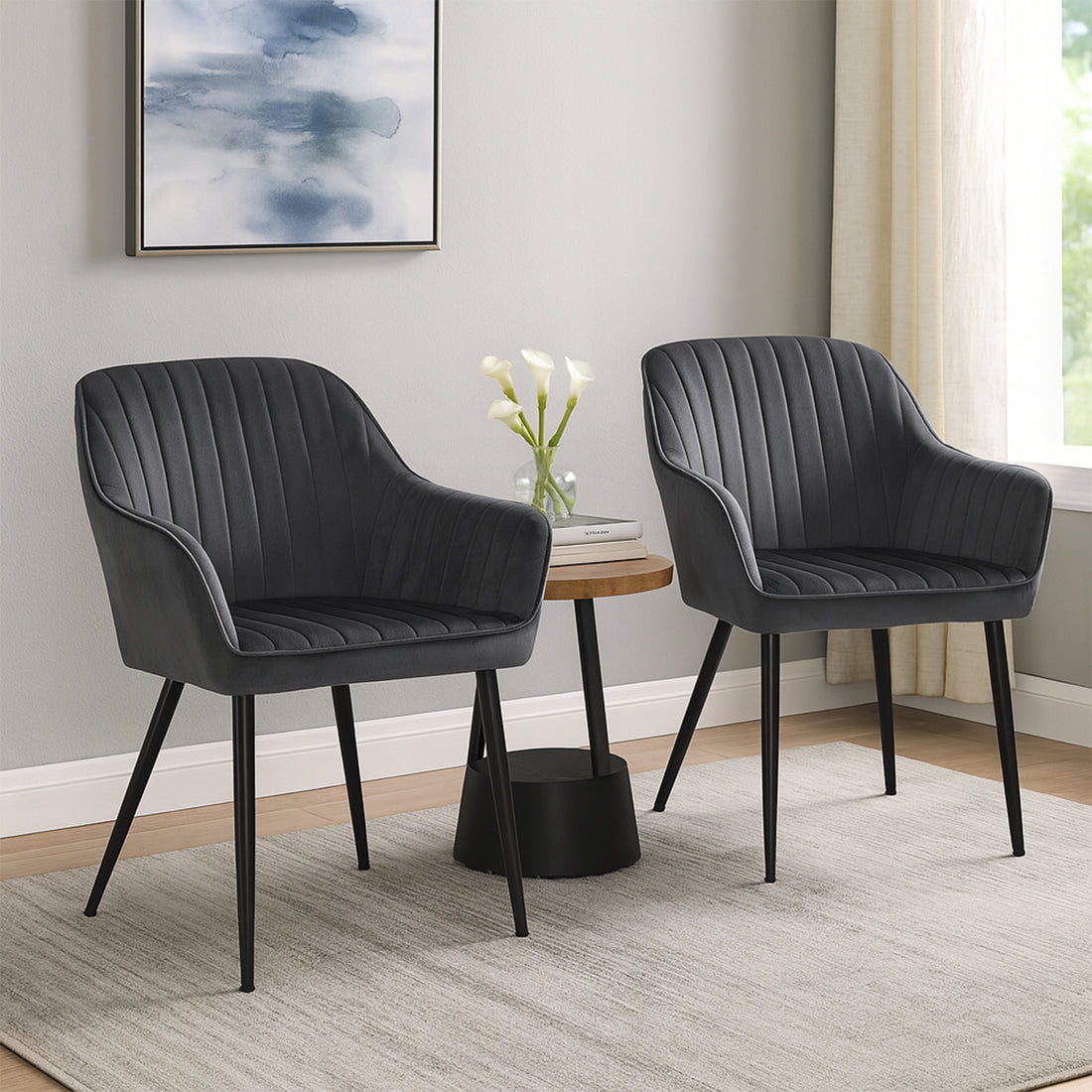 Set 2 Scaune Elindor® Ergonomice, Design Contemporan, Scaun cu Spatar si cu Manere, din Catifea cu Picioare Metalice Negre, Potrivite pentru Living, Bucatarie, Birou, Dormitor, Latime Sezut 49 cm, 55.5 x 43 x 83 cm, Gri Inchis