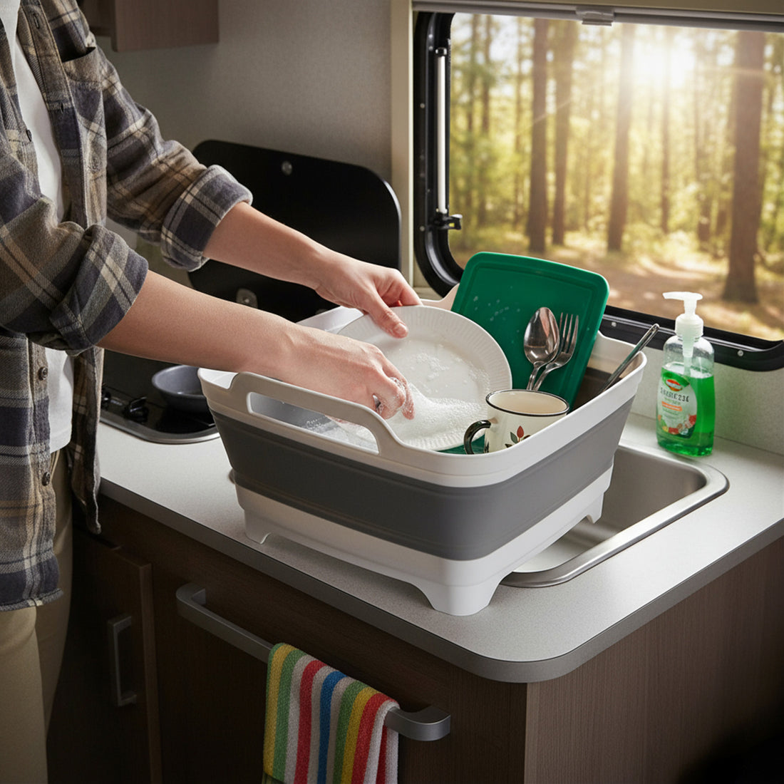 Lighean Pliabil Elindor® cu Dop de Scurgere, din Plastic Dur, Mare, Cos Rufe pentru Baie, Cadita pentru Animale de Companie, Ideal pentru Camping / Rulota, Baza Antialunecare, 30.5×31.5×20 cm, Gri / Alb