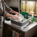 Lighean Pliabil Elindor® cu Dop de Scurgere, din Plastic Dur, Mare, Cos Rufe pentru Baie, Cadita pentru Animale de Companie, Ideal pentru Camping / Rulota, Baza Antialunecare, 30.5×31.5×20 cm, Gri / Alb