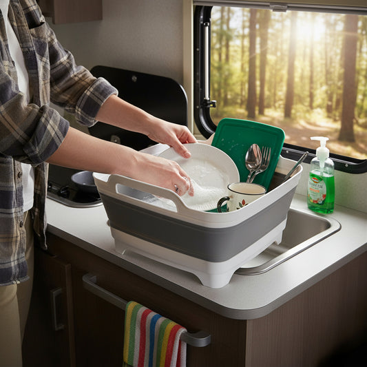 Lighean Pliabil Elindor® cu Dop de Scurgere, din Plastic Dur, Mare, Cos Rufe pentru Baie, Cadita pentru Animale de Companie, Ideal pentru Camping / Rulota, Baza Antialunecare, 30.5×31.5×20 cm, Gri / Alb