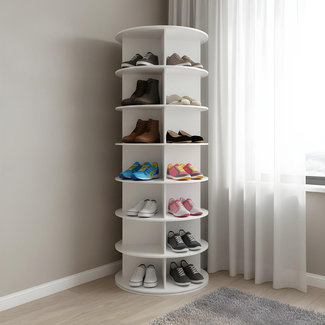 Organizator pentru Pantofi Elindor® Pantofar cu 4x 7 Nivele, Rotativ 360°, Suport pentru Papuci, Dulap Hol, Dormitor, Economisire Spatiu, Depozitare Incaltaminte, 59×59×160 cm, Alb
