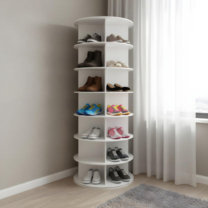 Organizator pentru Pantofi Elindor® Pantofar cu 4x 7 Nivele, Rotativ 360°, Suport pentru Papuci, Dulap Hol, Dormitor, Economisire Spatiu, Depozitare Incaltaminte, 59×59×160 cm, Alb